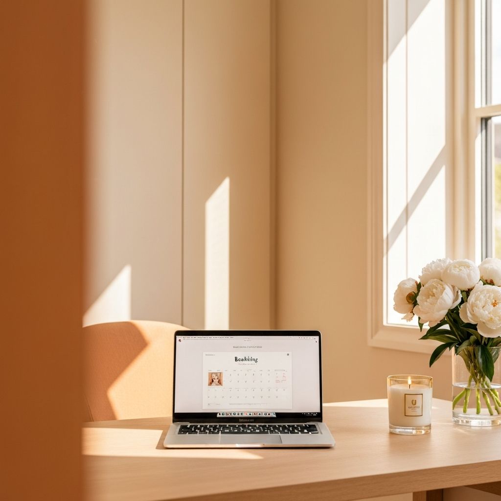 Boutique wellness studio consultation desk with booking interface and fresh floral arrangement
