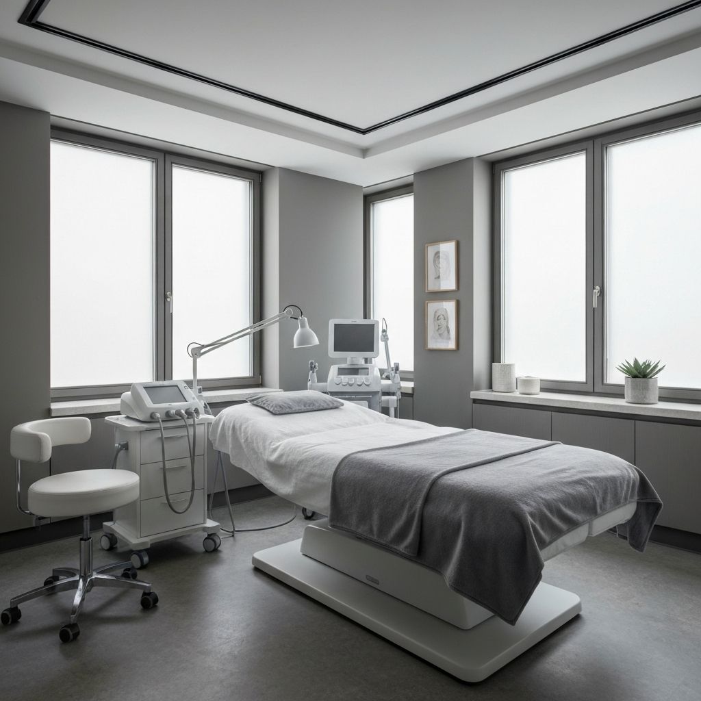 Luxury aesthetic clinic treatment room with advanced skincare equipment and serene spa atmosphere